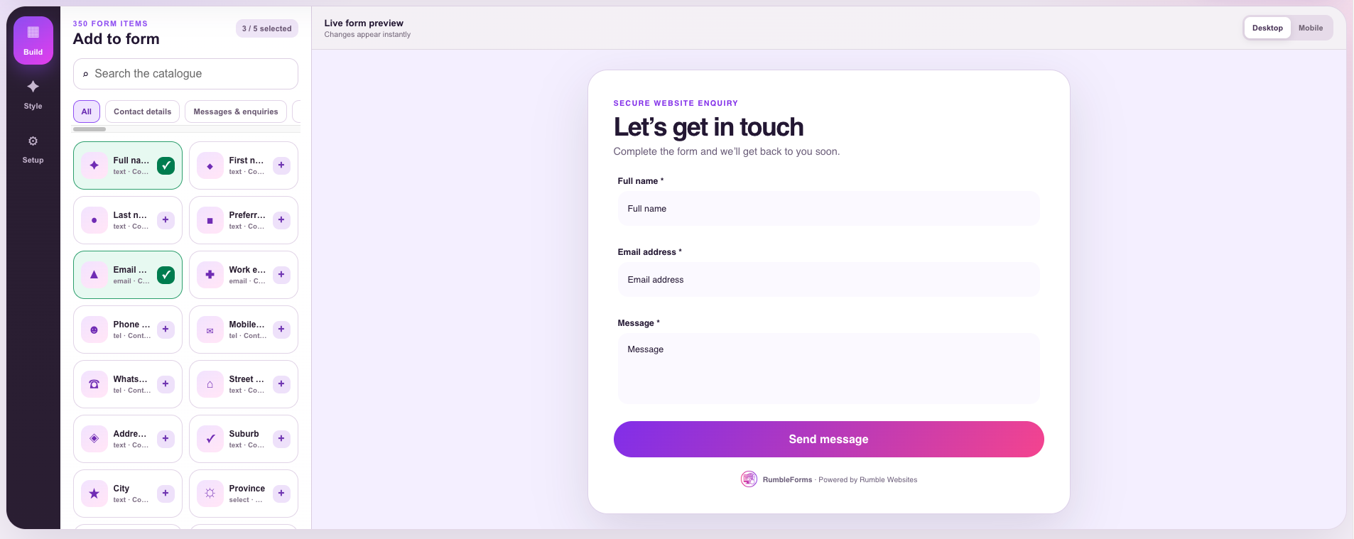 RumbleForms visual form builder showing the item catalogue on the left and a live contact-form preview on the right